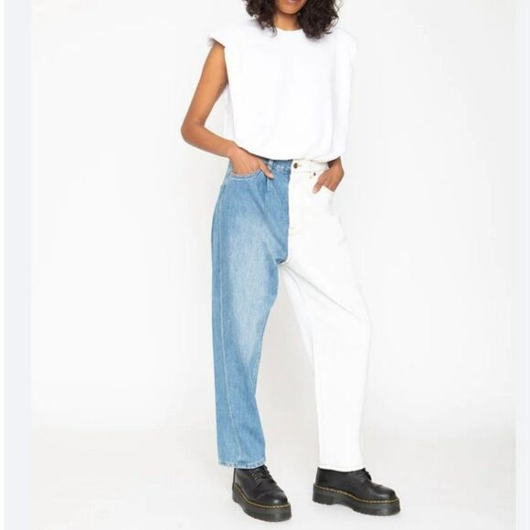 Free People x Sandrine Rose Wide Leg Color Block Retro Jeans in Milky Way - Picture 14 of 16